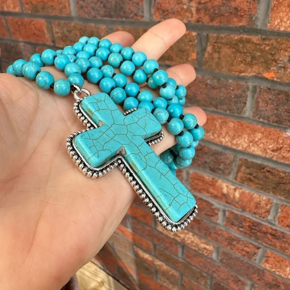 Turquoise Natural Stone Beads Bohemian Western Cross Necklace - Picture 9 of 12